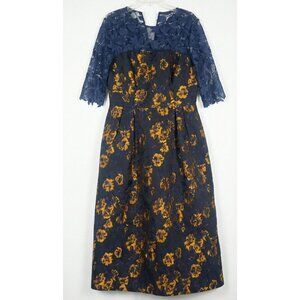 Kay Unger New York Dress Size 12 Navy Blue Gold Metallic Floral Brocade Lace